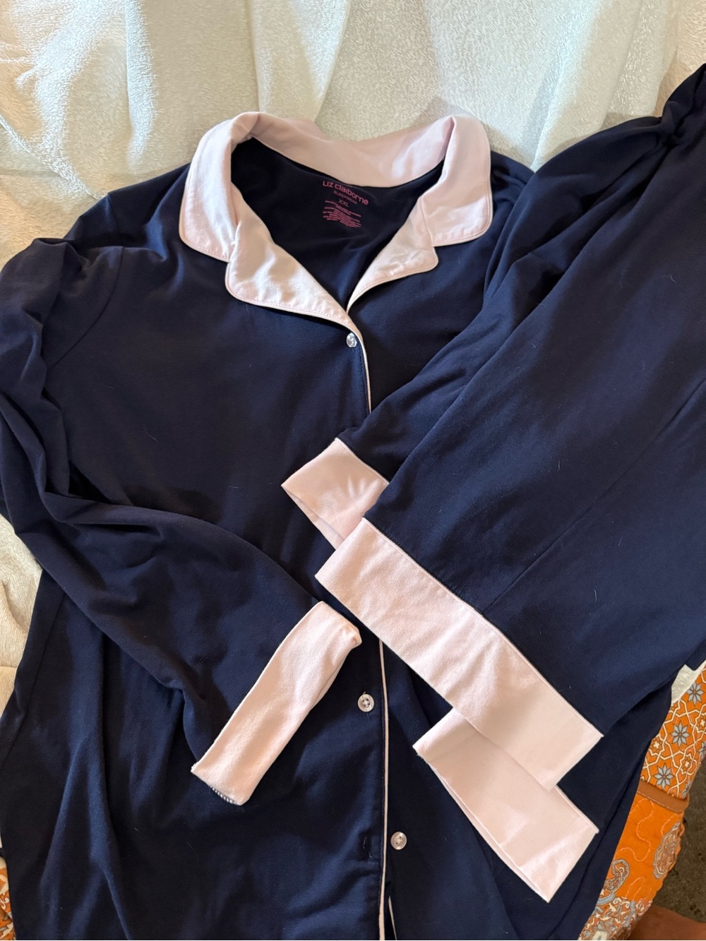 Liz Claiborne Navy and Light Pink Two-Piece Pajama Set